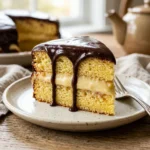 Delicious Boston Cream Pie topped with chocolate icing and creamy custard filling