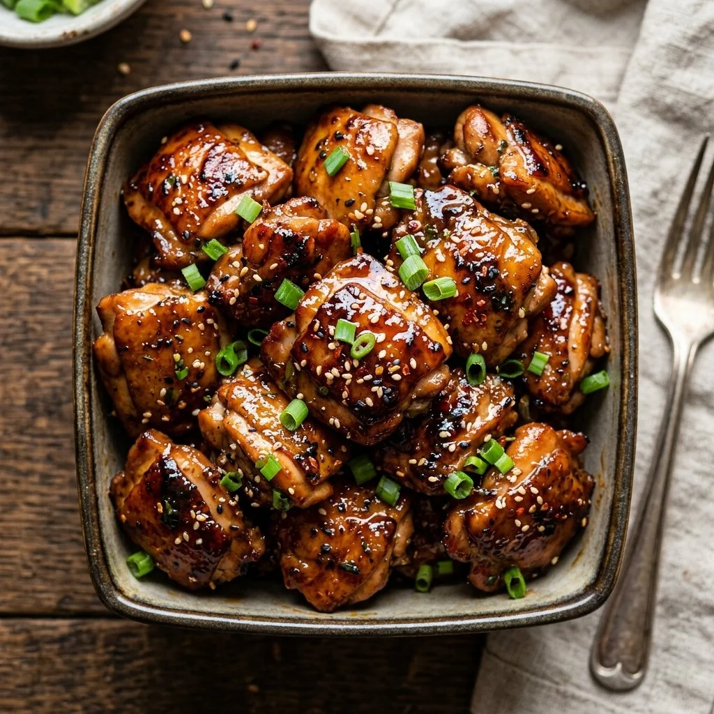 Plate of Bourbon Chicken garnished with green onions and sesame seeds.