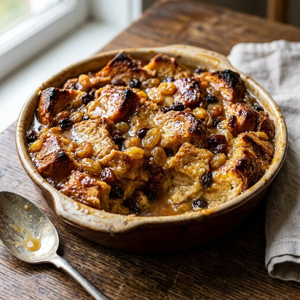 Delicious homemade bread pudding served warm with a drizzle of caramel sauce.