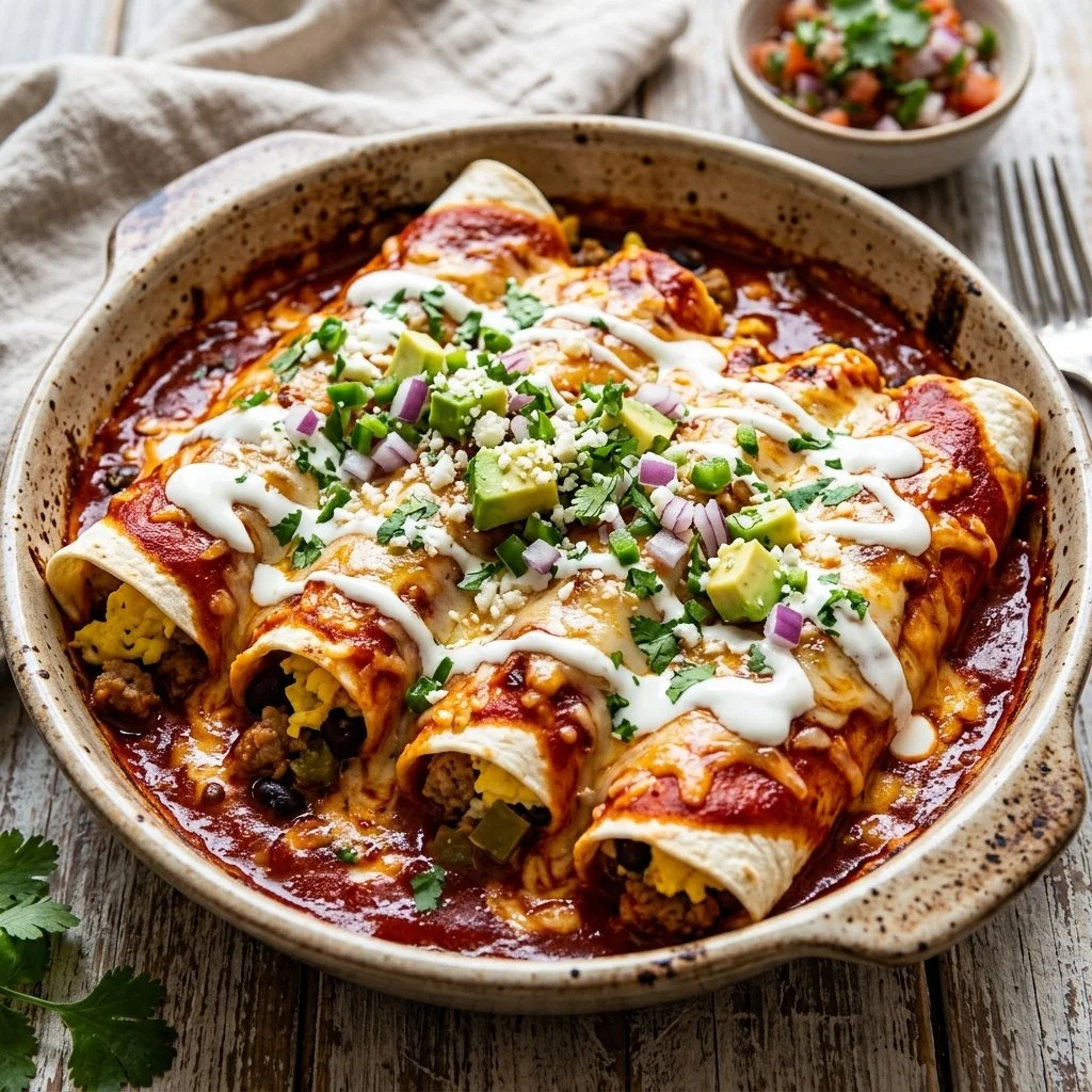 Delicious breakfast enchiladas filled with eggs and cheese served on a plate