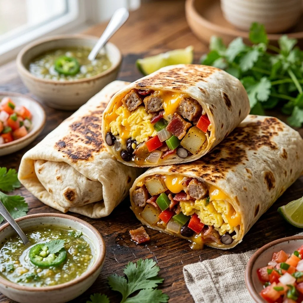 Healthy breakfast meal prep burritos ready for a nutritious morning meal.
