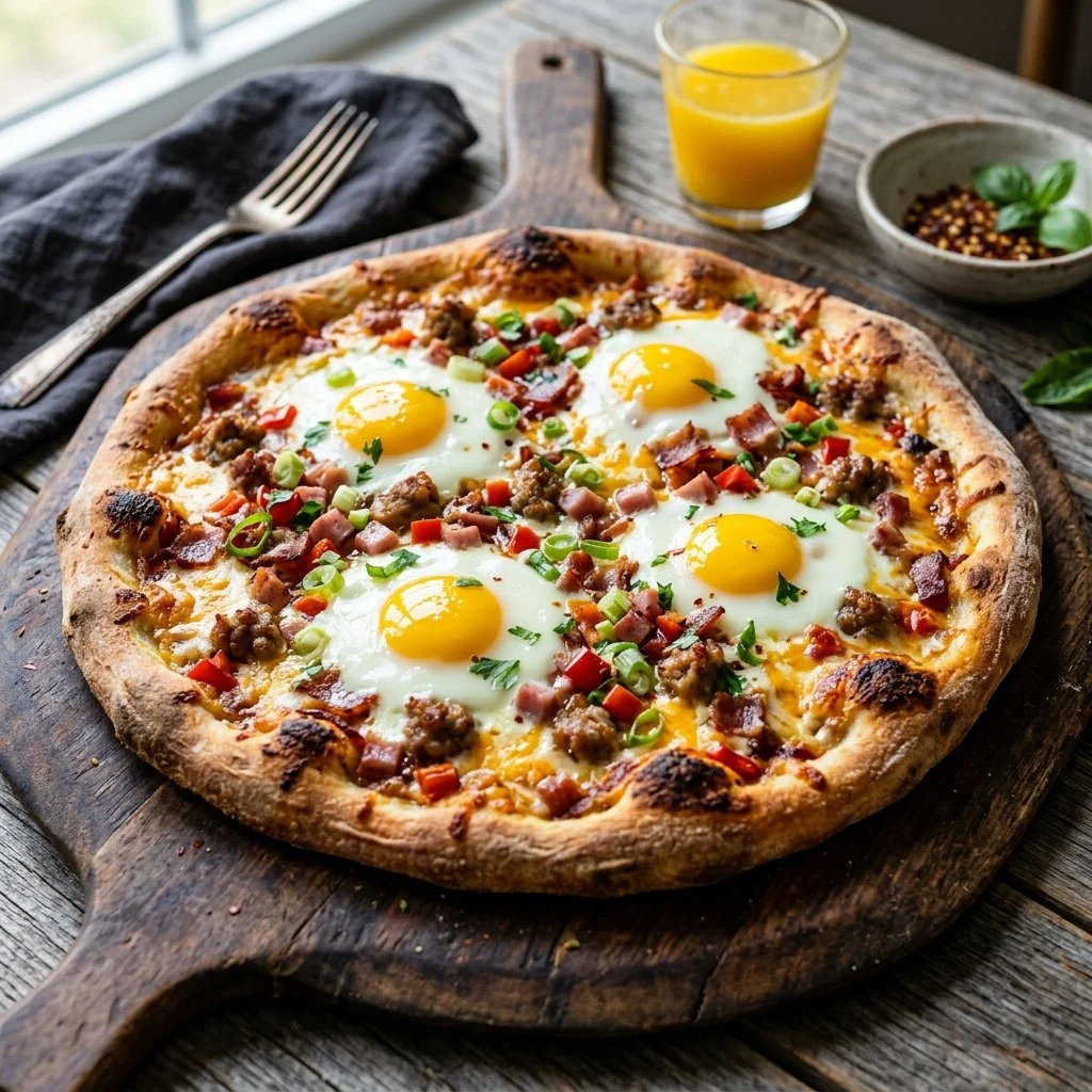 Delicious homemade breakfast pizza topped with eggs, cheese, and veggies