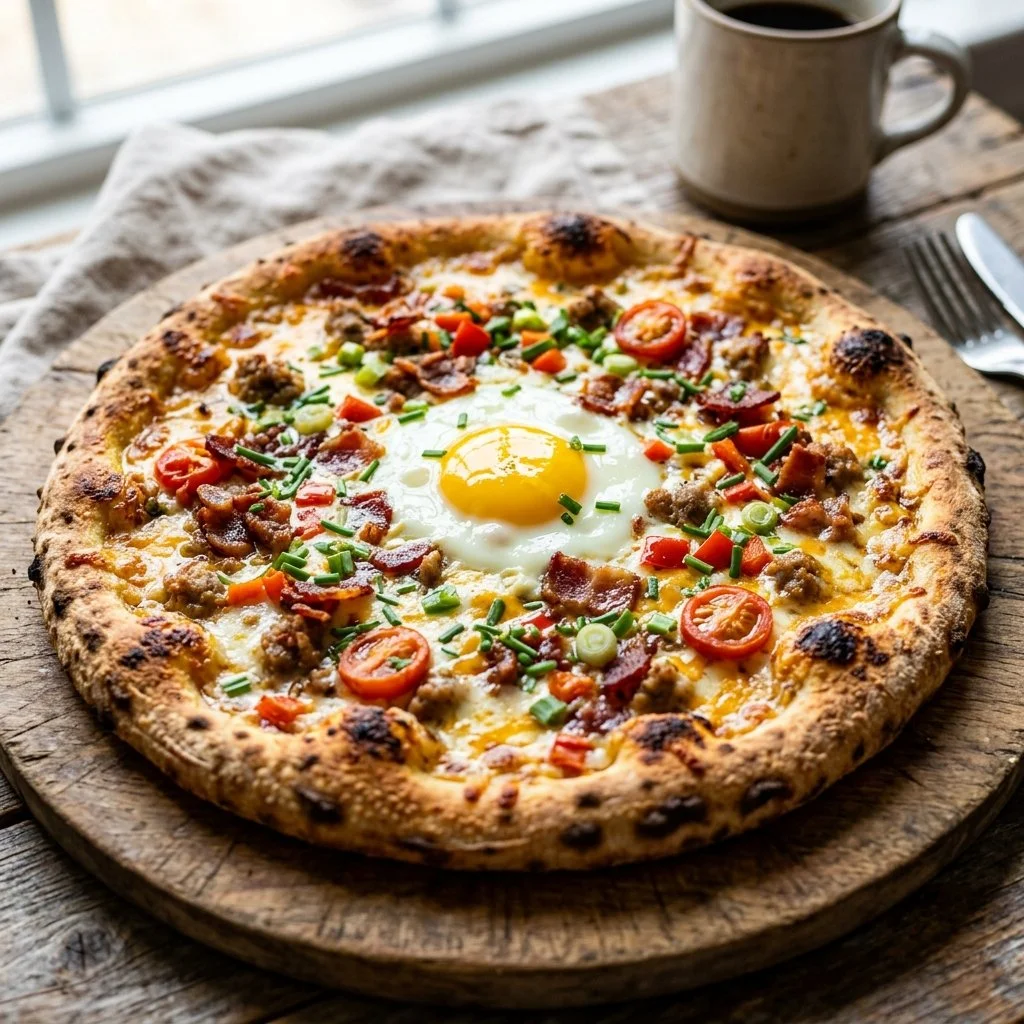 Delicious breakfast pizza with eggs, cheese, and fresh toppings