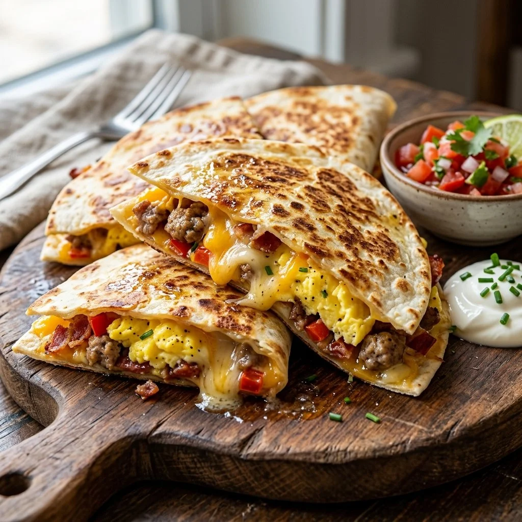 Delicious breakfast quesadillas filled with eggs, cheese, and vegetables.