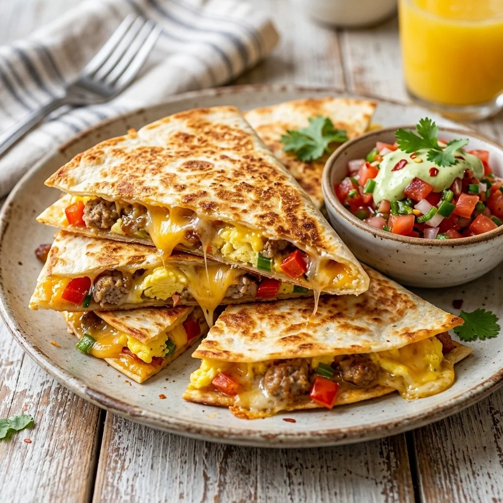 Delicious breakfast quesadillas filled with cheese, eggs, and fresh veggies.