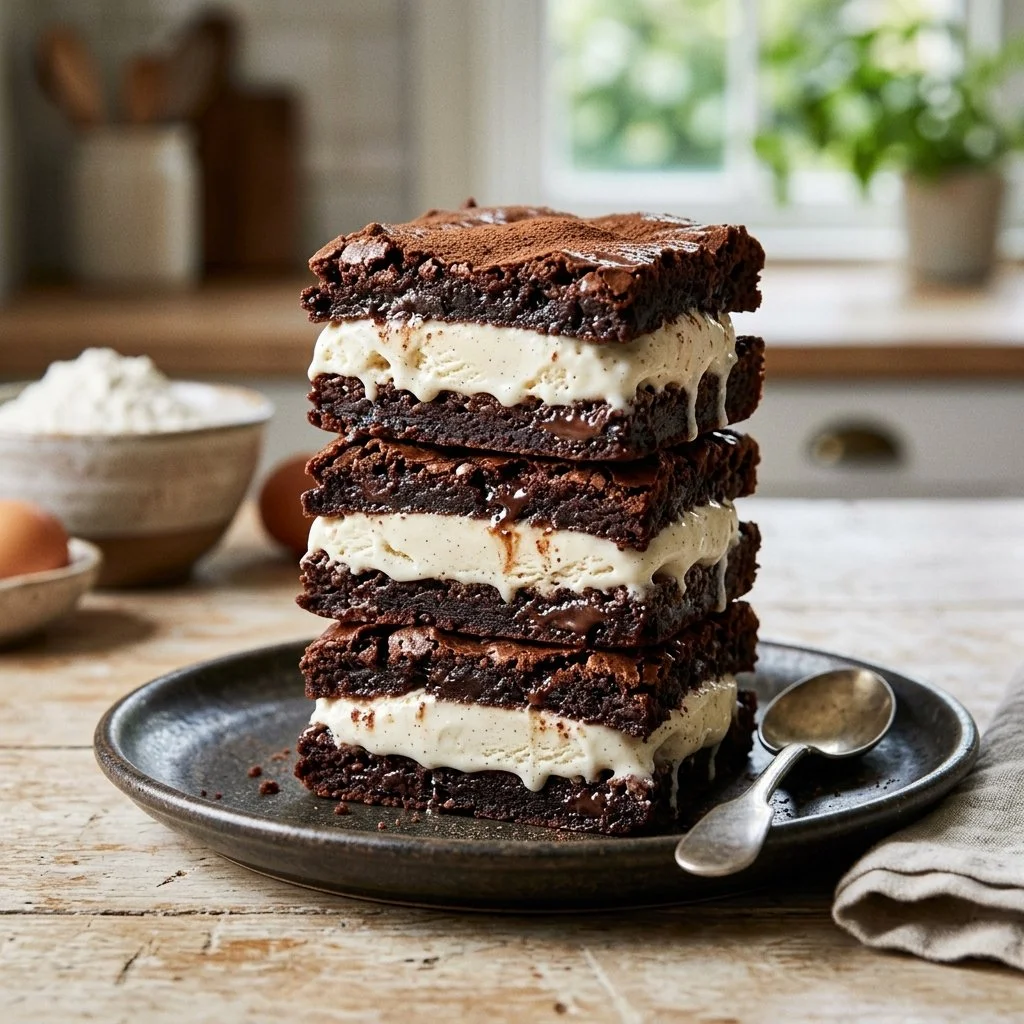 Delicious brownie ice cream sandwiches stacked with rich chocolate brownies and ice cream