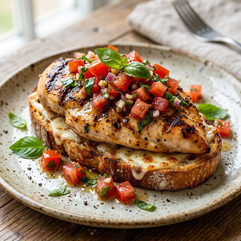Delicious Bruschetta Chicken topped with fresh tomatoes and basil.