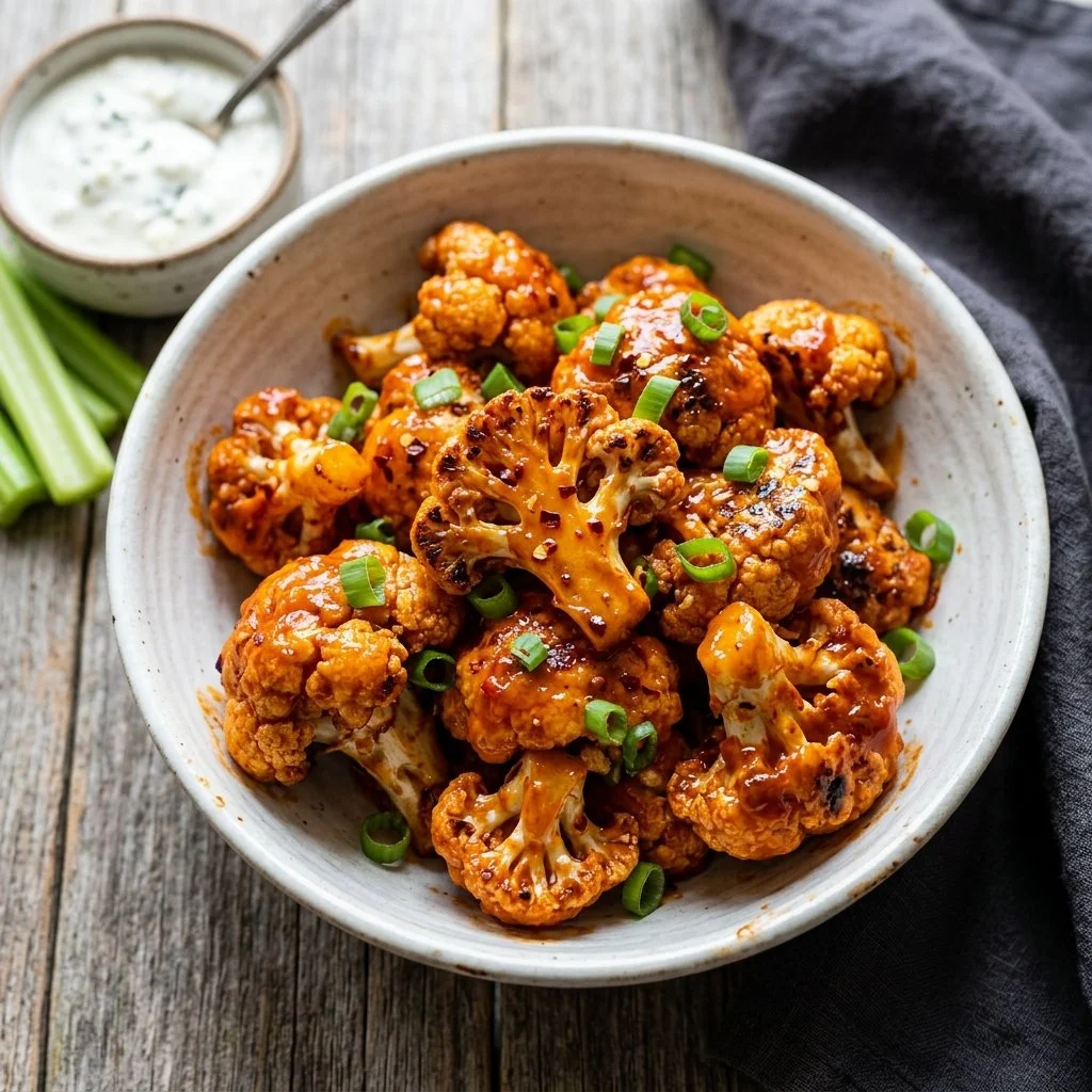 Delicious Buffalo Cauliflower Wings served with ranch dip