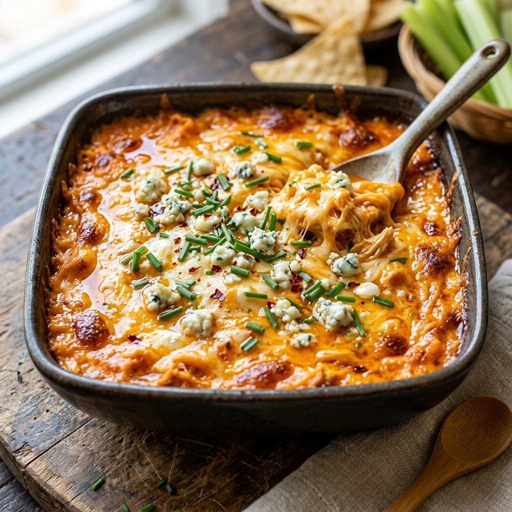 Creamy and spicy Buffalo Chicken Dip served in a dish with garnishes.