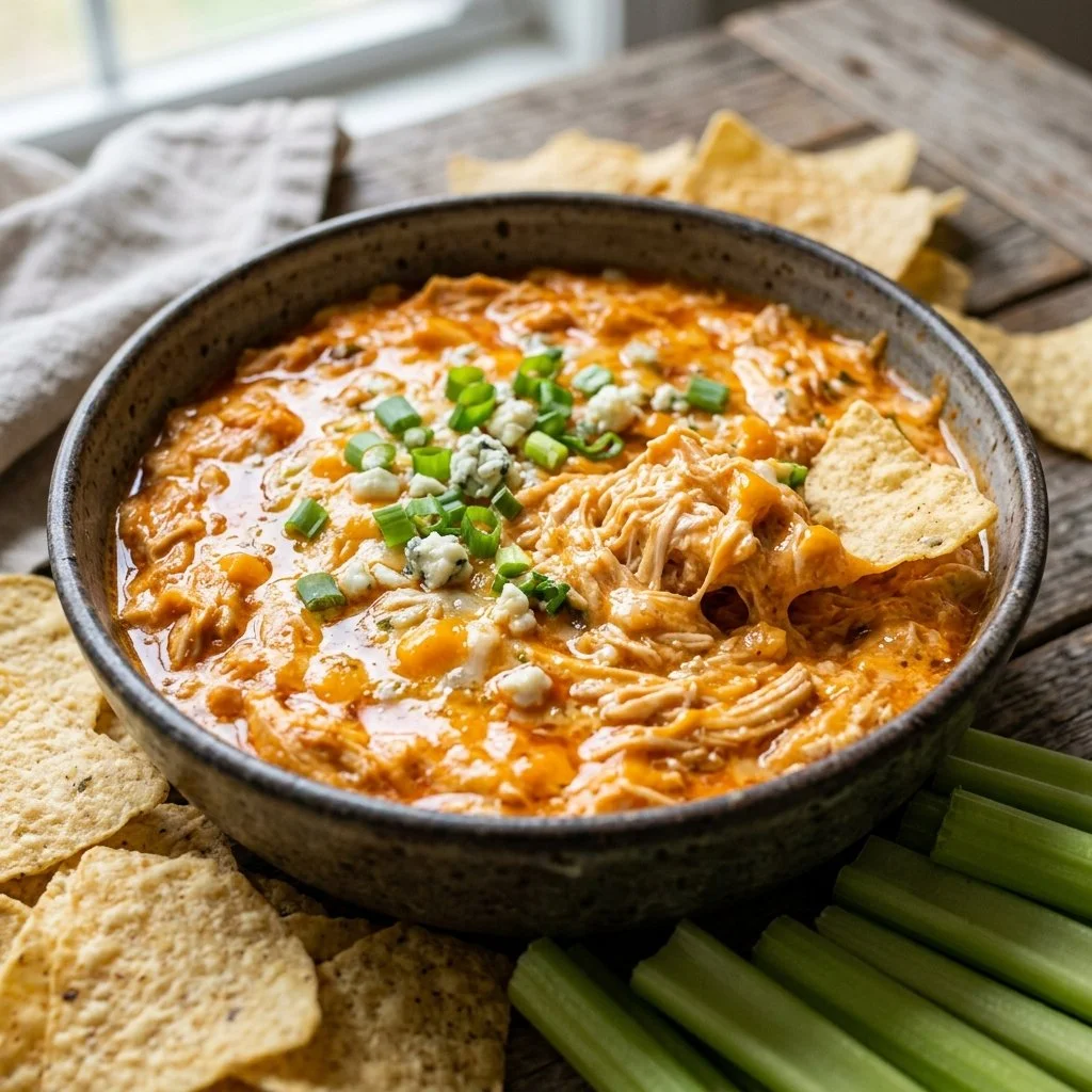 Delicious Buffalo Chicken Dip served with tortilla chips