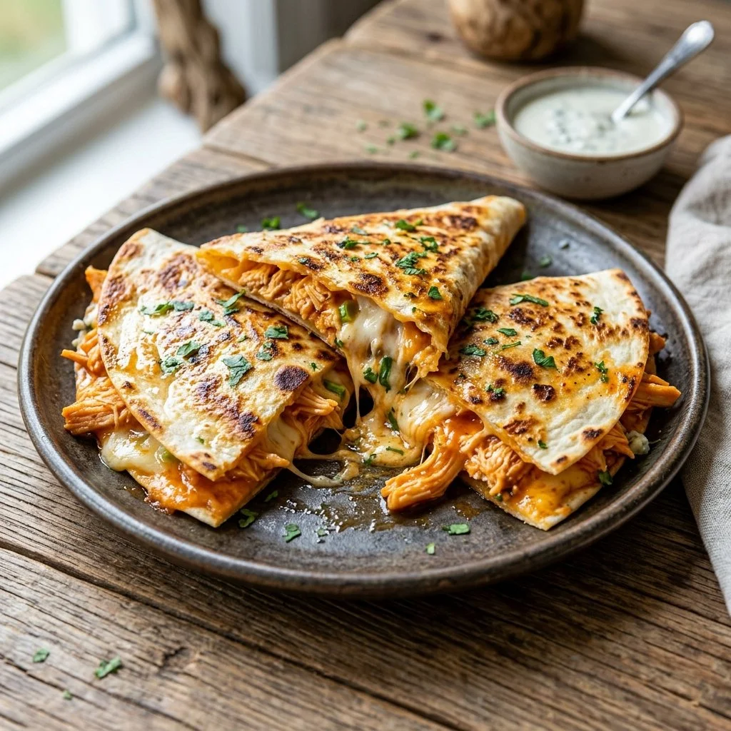 Delicious Buffalo Chicken Quesadilla with melted cheese and spicy chicken filling