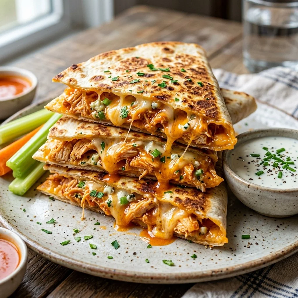 Plate of spicy Buffalo Chicken Quesadillas with melted cheese and toppings