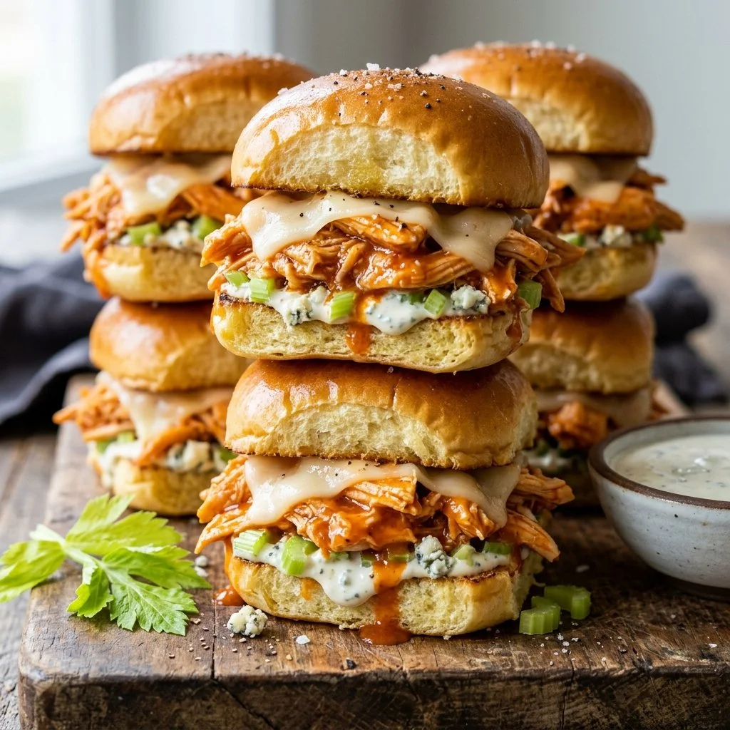 Plate of buffalo chicken sliders garnished with fresh herbs