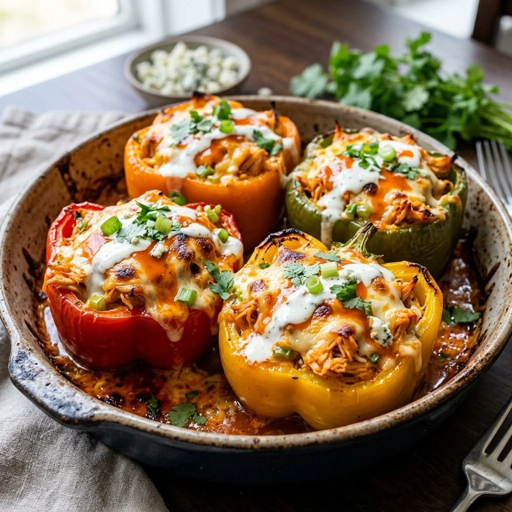 Buffalo chicken stuffed peppers recipe with vibrant bell peppers and spicy chicken filling