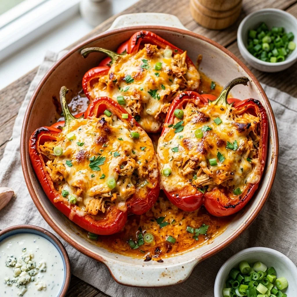 Buffalo Chicken Stuffed Peppers ready to serve.