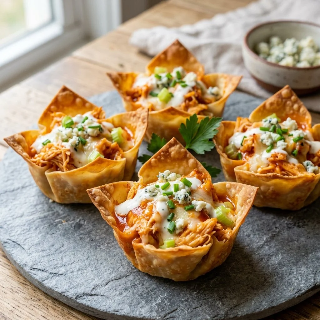 Buffalo Chicken Wonton Cups served on a platter as a party appetizer