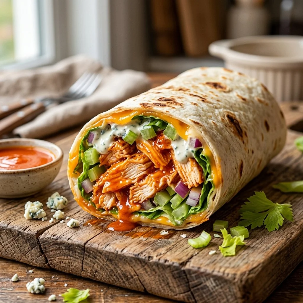 Buffalo Chicken Wrap filled with spicy chicken, lettuce, and ranch dressing.