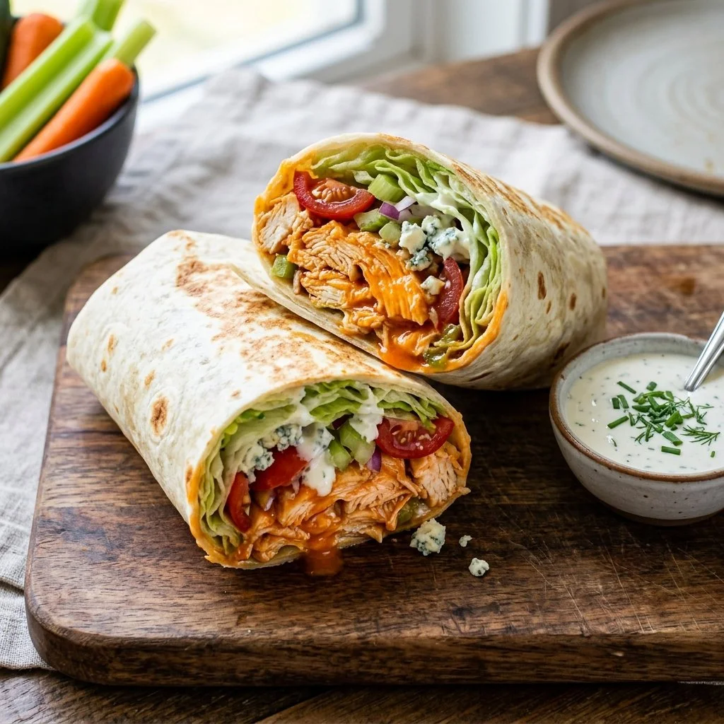 Delicious Buffalo Chicken Wraps filled with spicy chicken and fresh vegetables