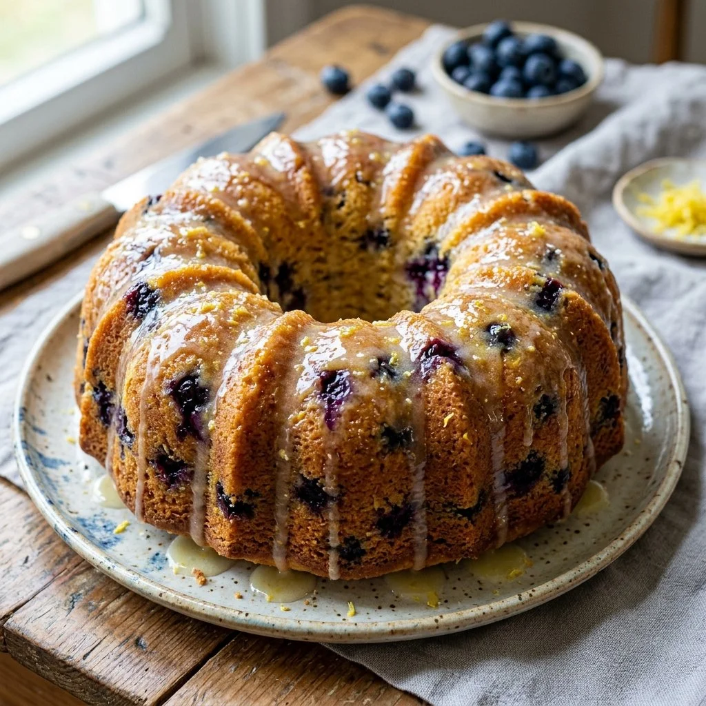 Homemade Bundt Cake with chocolate frosting on a rustic wooden table