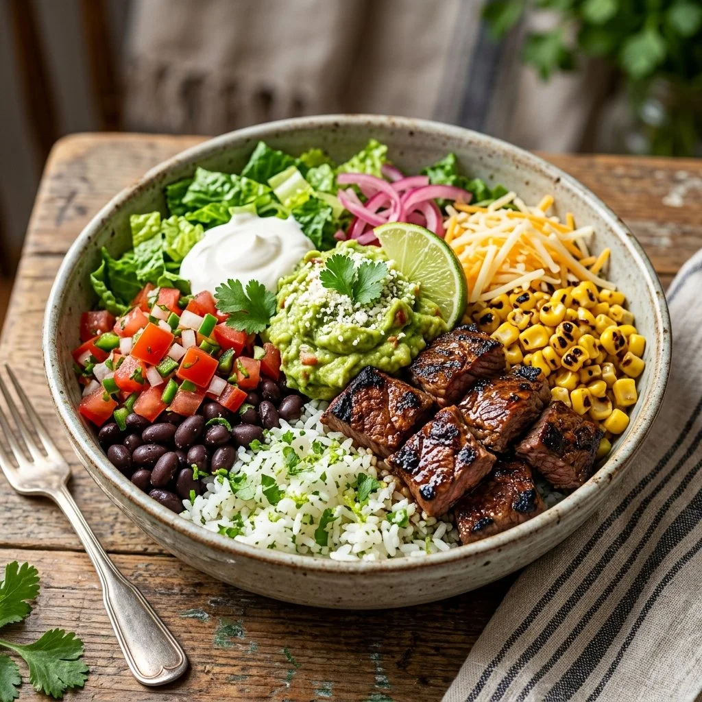 Colorful and fresh burrito bowls with toppings and ingredients.