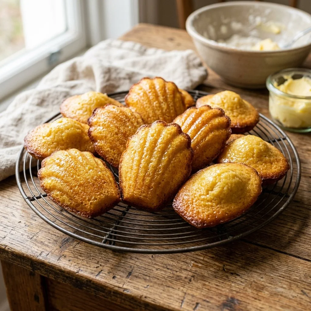 Delicious butter madeleines on a plate, ideal for tea or dessert.