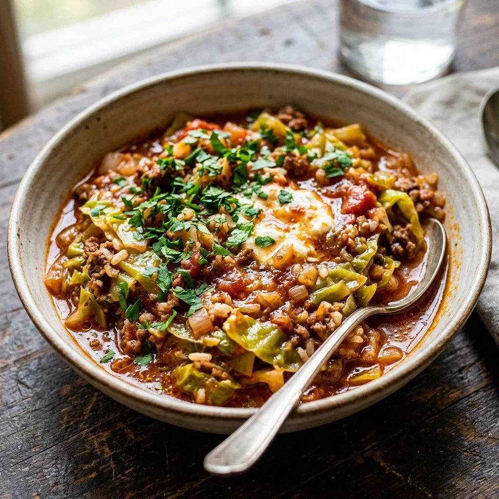 Delicious cabbage roll bowls with seasoned fillings and fresh cabbage leaves.