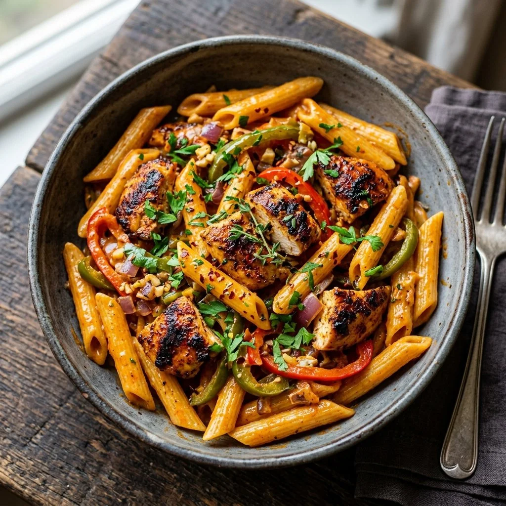 Delicious Cajun Chicken Pasta with spices and creamy sauce