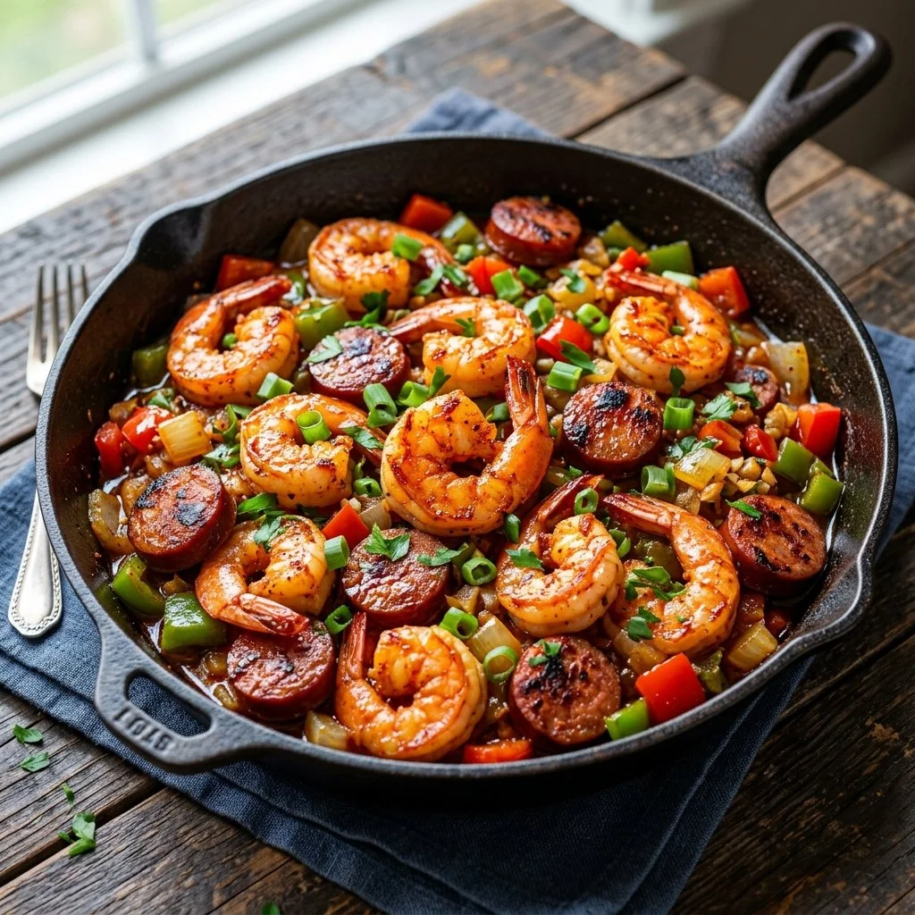 Delicious Cajun shrimp and sausage dish with vibrant spices and fresh ingredients.