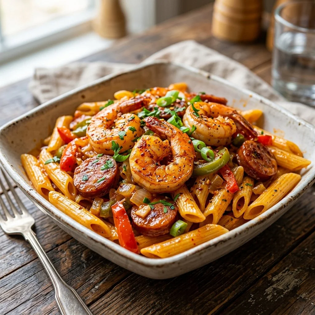 Delicious Cajun Shrimp Pasta served with creamy sauce and spices.
