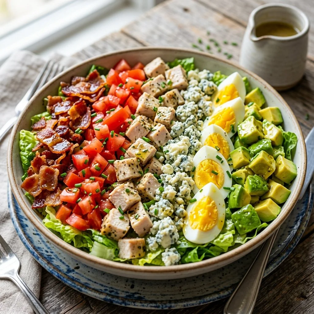 California Cobb Salad with fresh vegetables, chicken, and avocado
