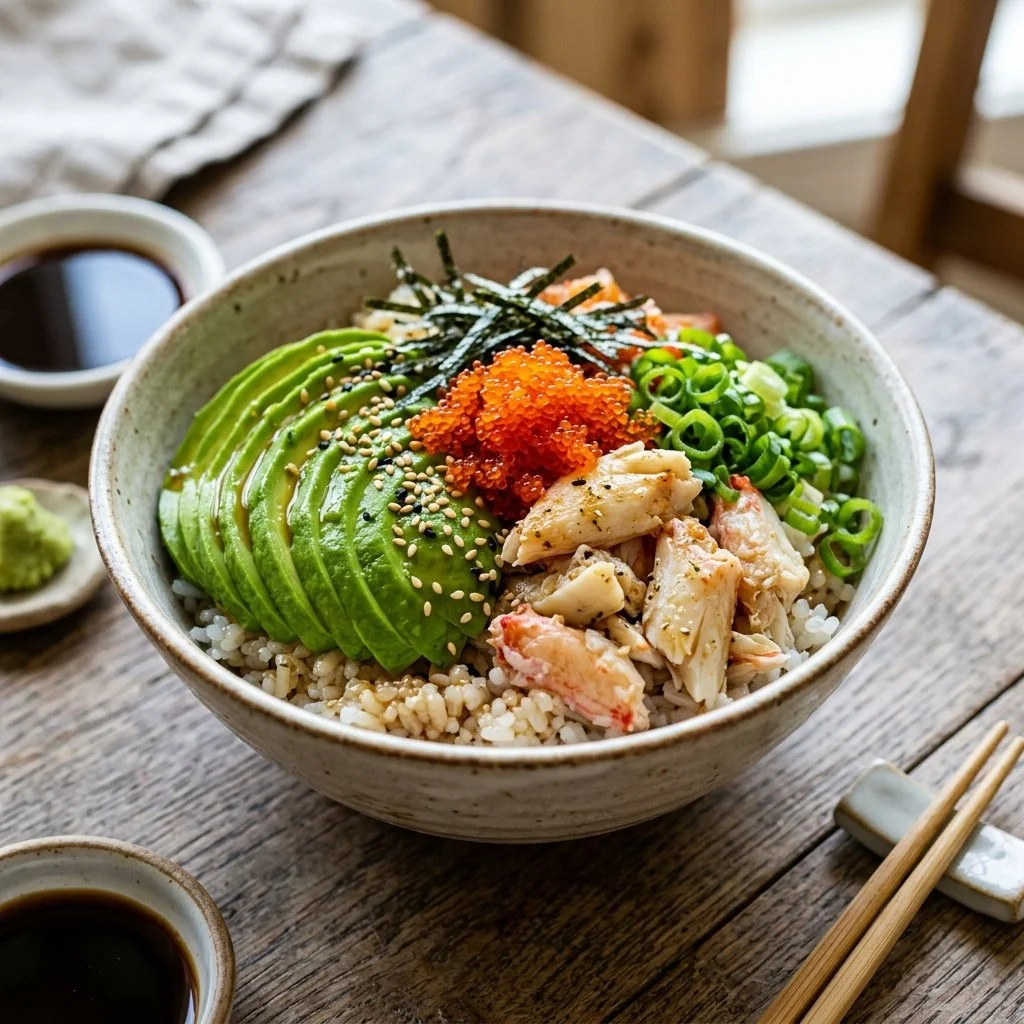 A vibrant California Roll Bowl filled with sushi ingredients and fresh vegetables.