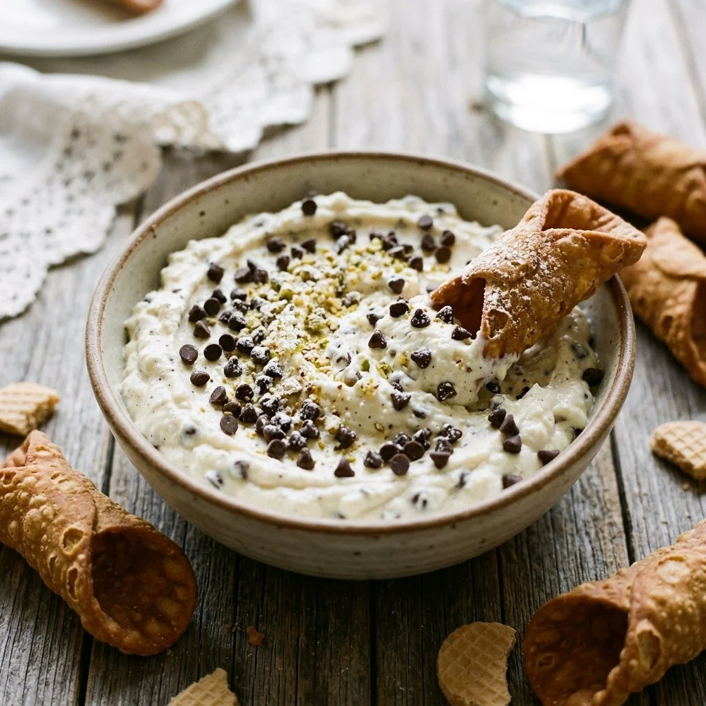 Delicious Cannoli Cream Dip served with fresh fruit and cookies
