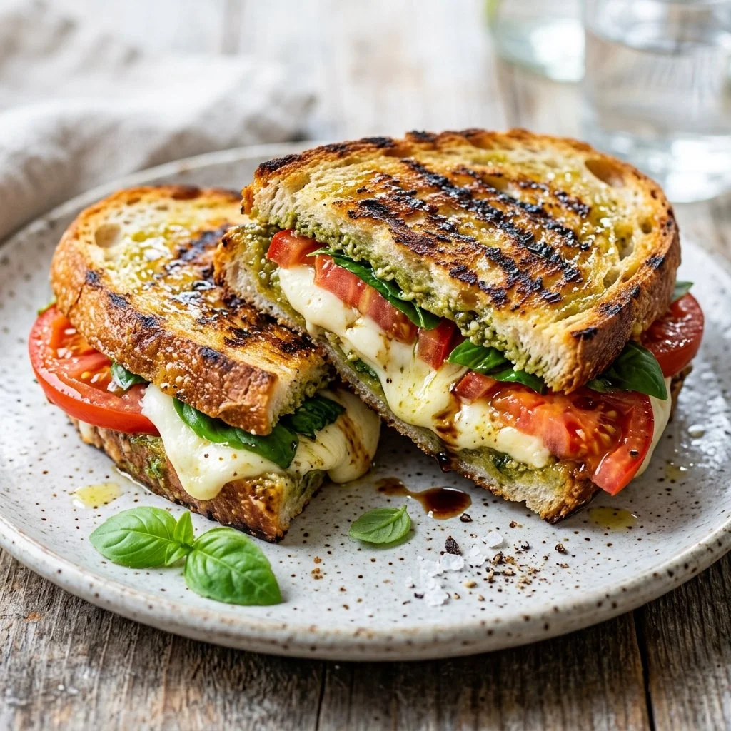 Deliciously grilled Caprese Panini with mozzarella, tomatoes, and basil.