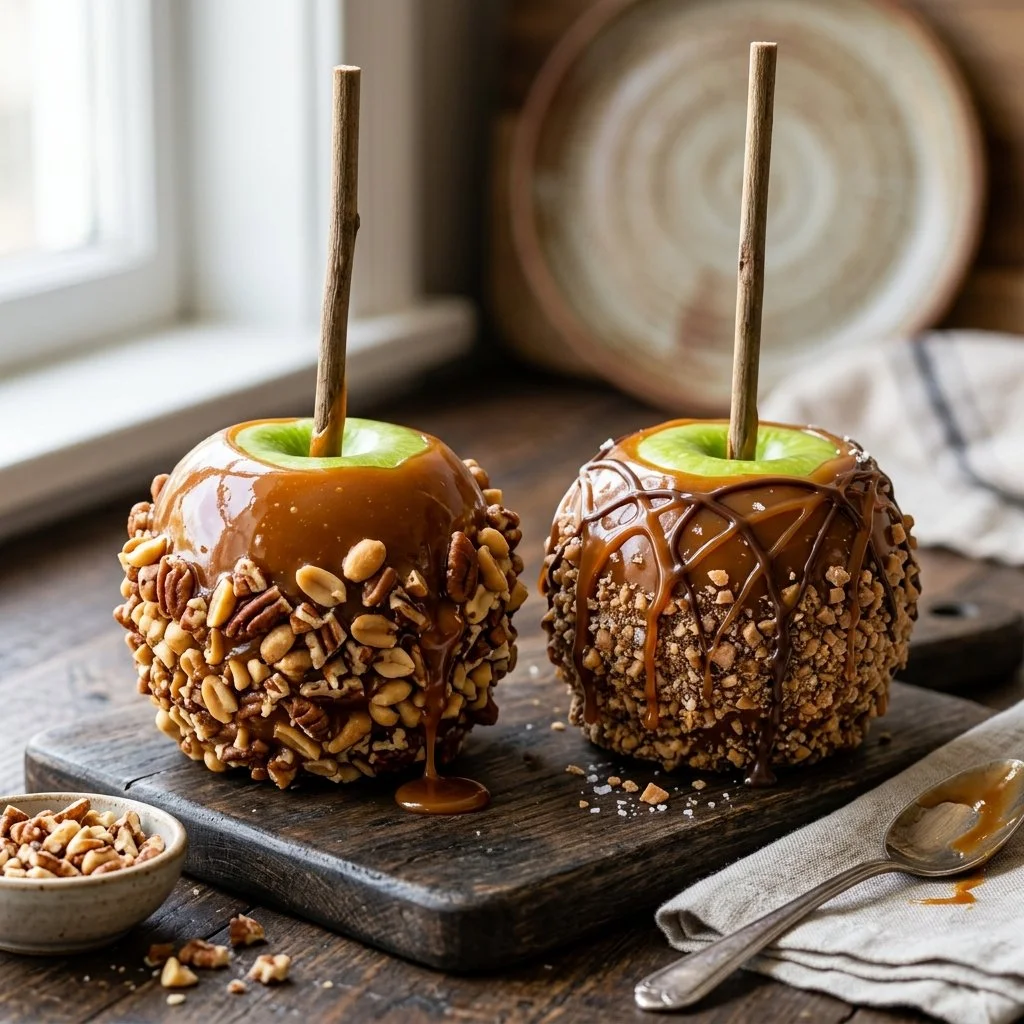 Delicious homemade caramel apples with nuts and sprinkles