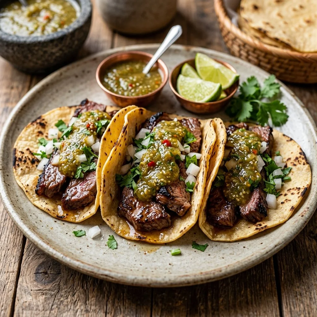 Delicious Carne Asada Tacos topped with fresh ingredients in warm tortillas.