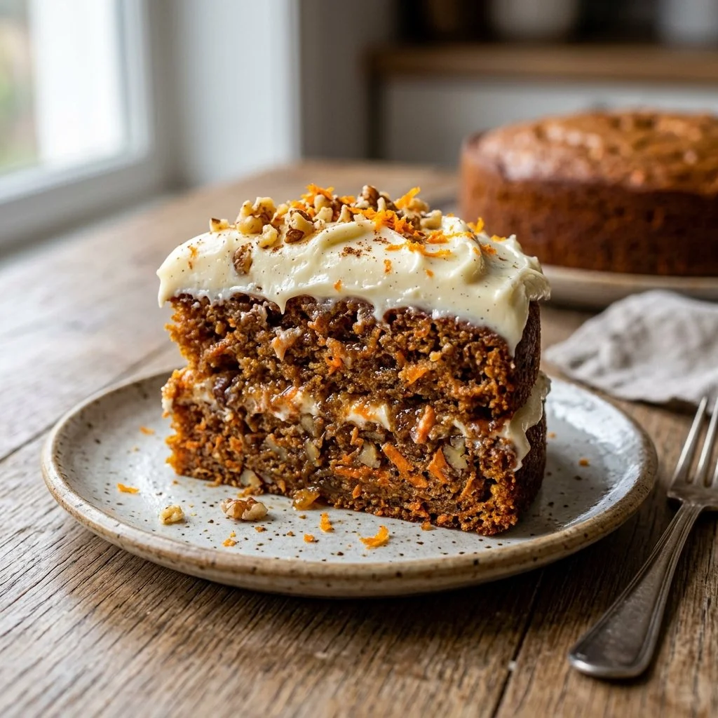 Delicious homemade Carrot Cake topped with cream cheese frosting