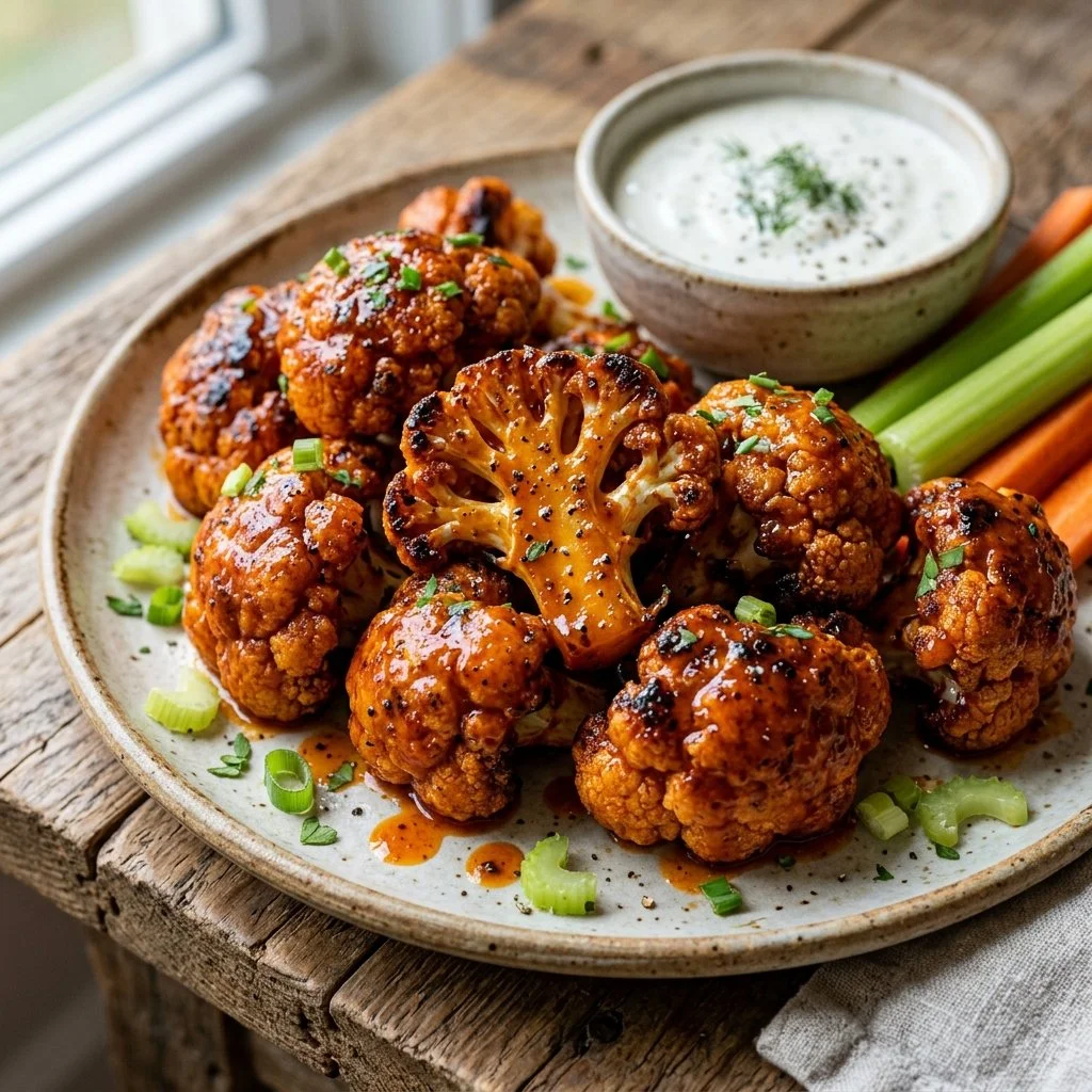 Plate of crispy Cauliflower Buffalo Wings served with dipping sauce