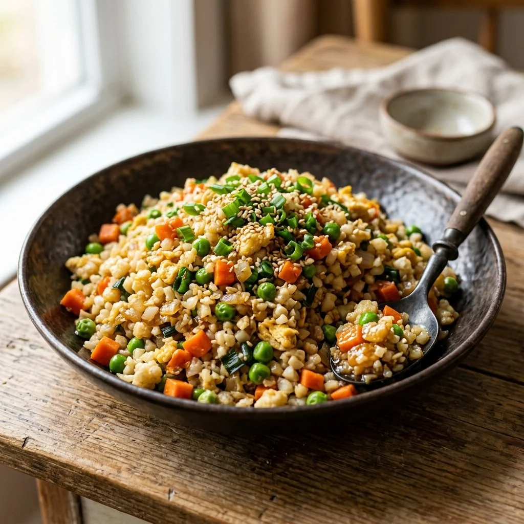 Delicious Cauliflower Fried Rice served in a bowl, garnished with vegetables.