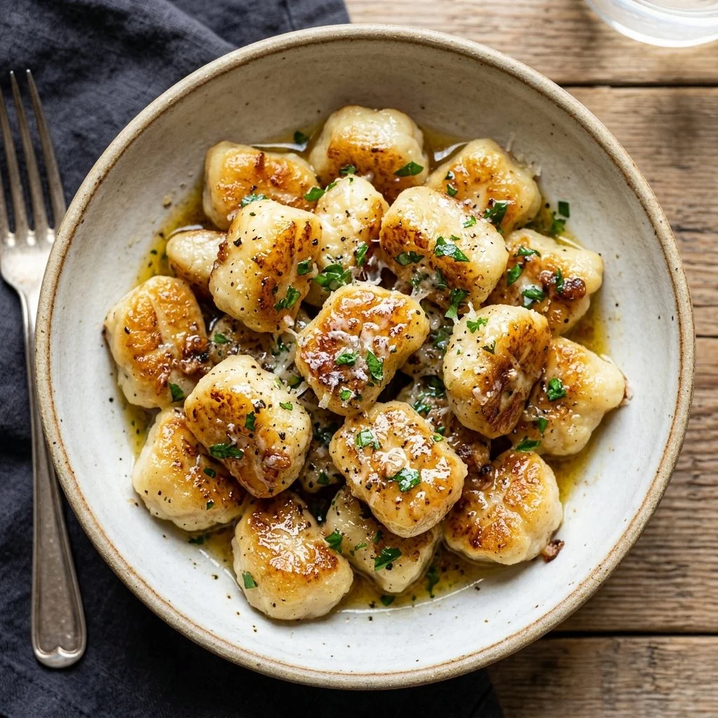Plate of homemade cauliflower gnocchi served with sauce and herbs