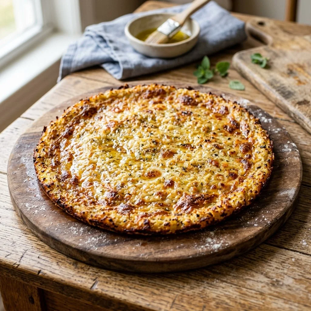 Homemade cauliflower pizza crust topped with fresh vegetables and cheese.