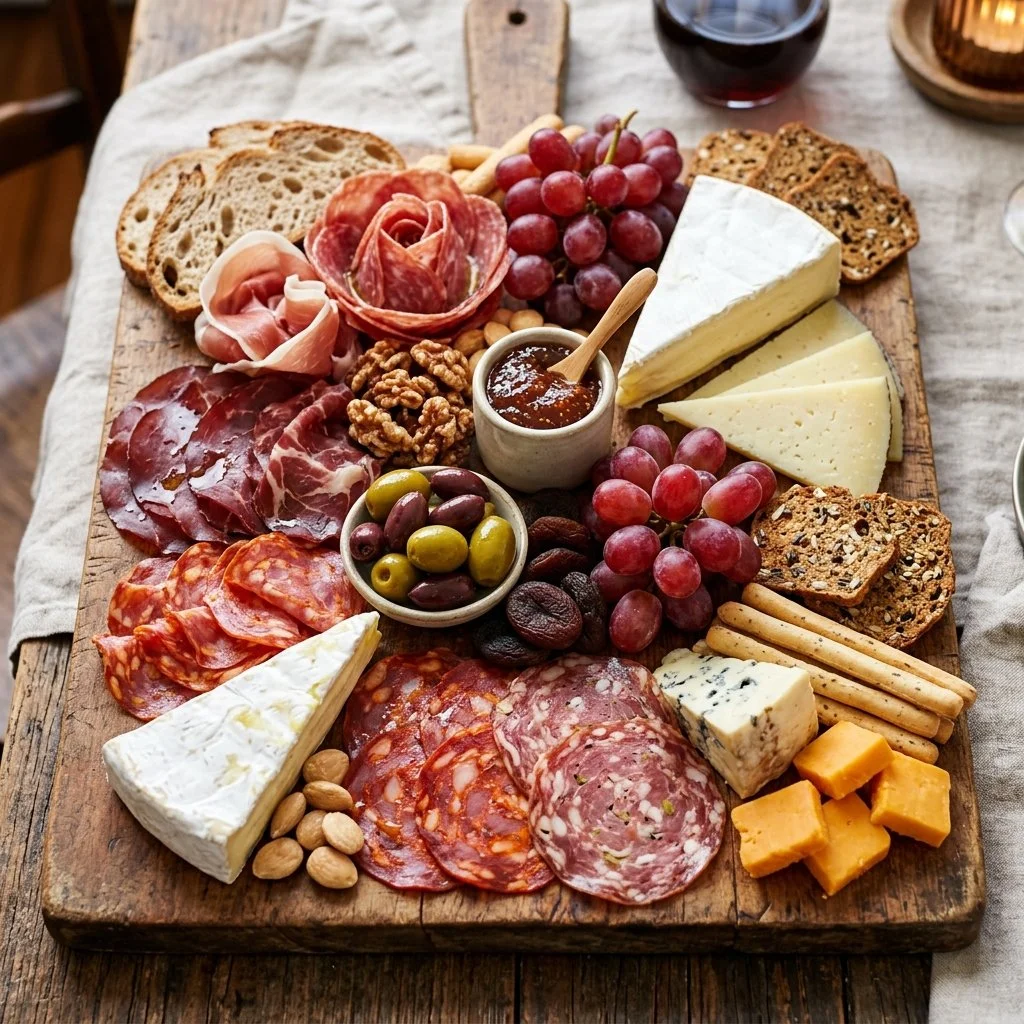 Beautifully arranged charcuterie board with meats, cheeses, and fruits.