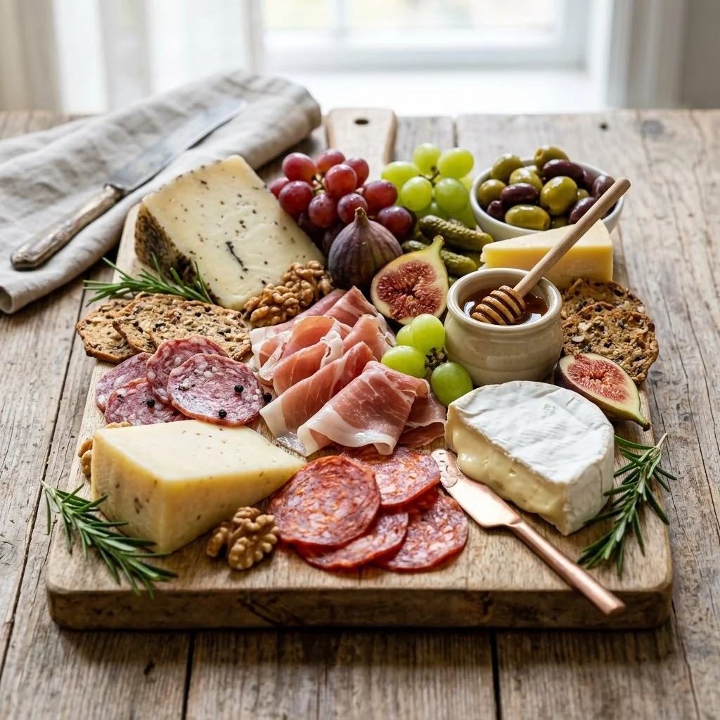 Beautifully arranged charcuterie board with various meats, cheeses, and fruits