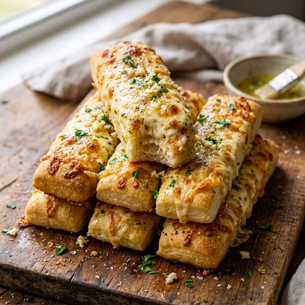 Delicious cheesy garlic breadsticks served warm with herbs and melted cheese