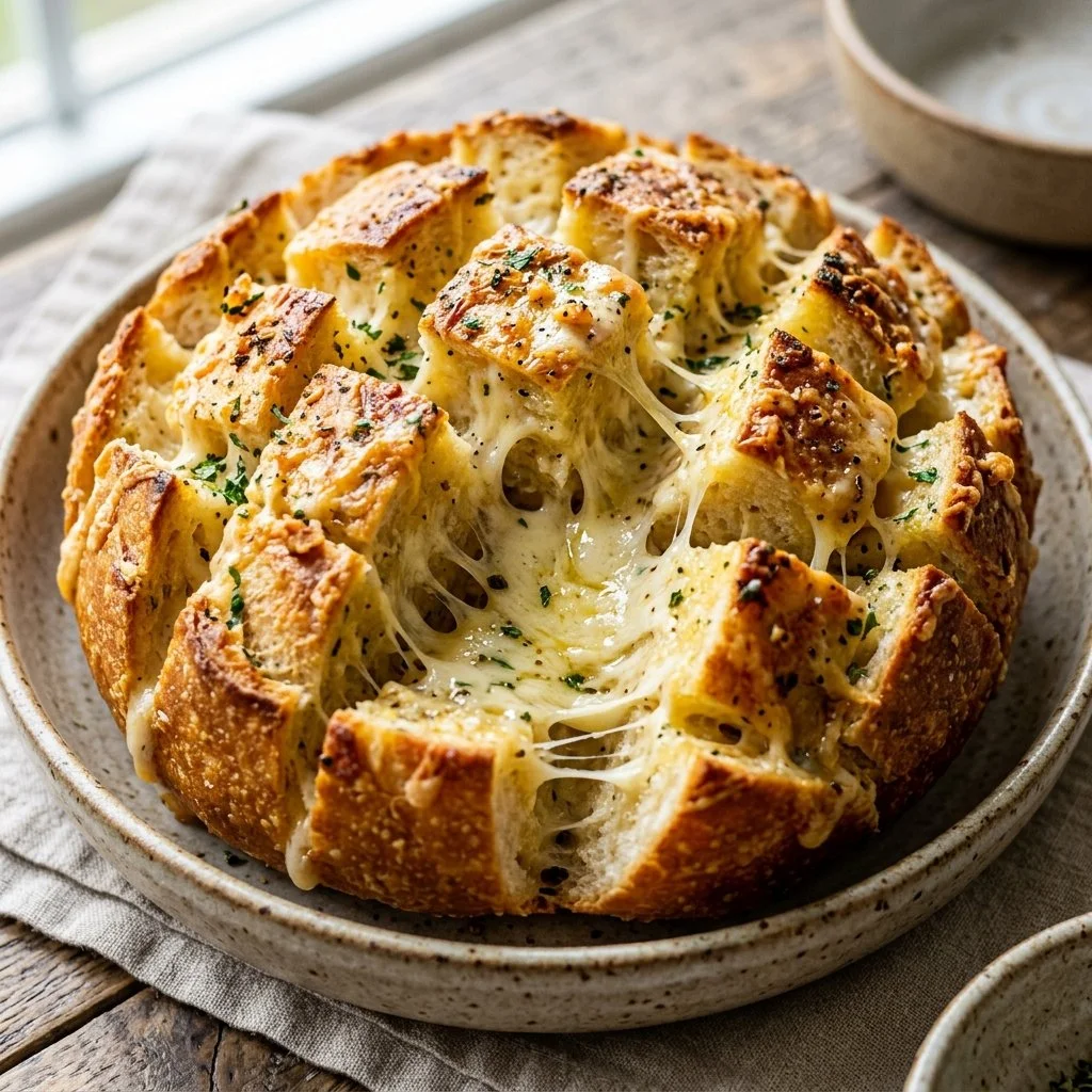 Cheesy pull apart bread served fresh out of the oven with melted cheese.