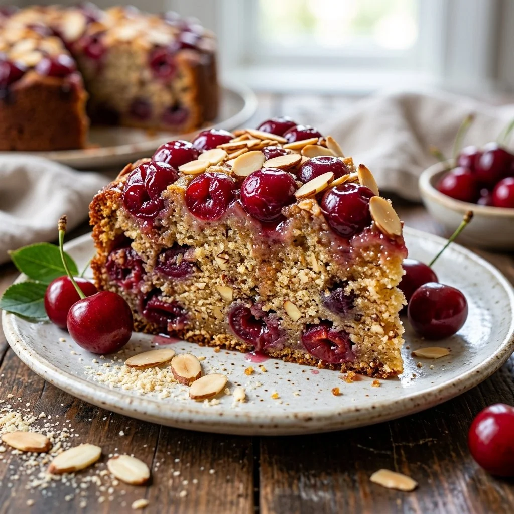 A slice of Cherry Almond Cake topped with fresh cherries and almond slices