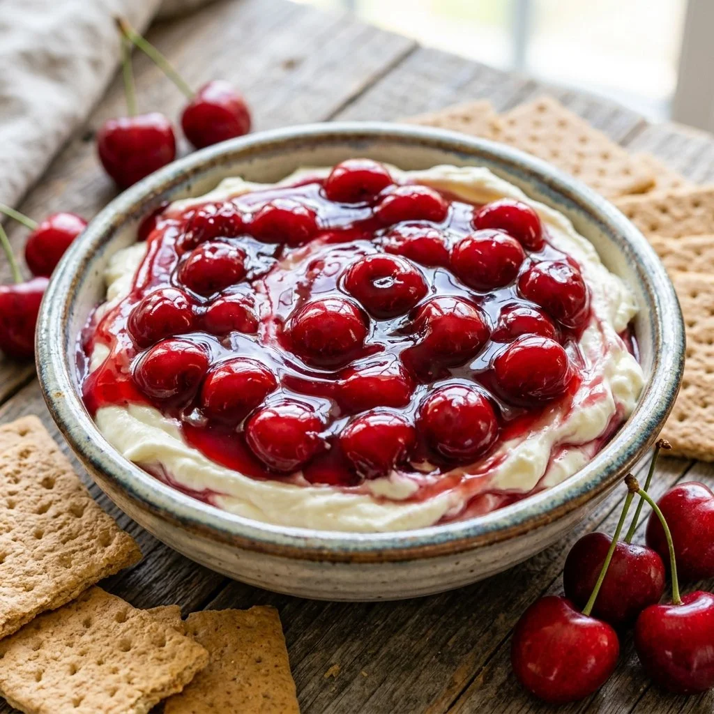 Delicious Cherry Cheesecake Dip served in a bowl with fresh cherries on top