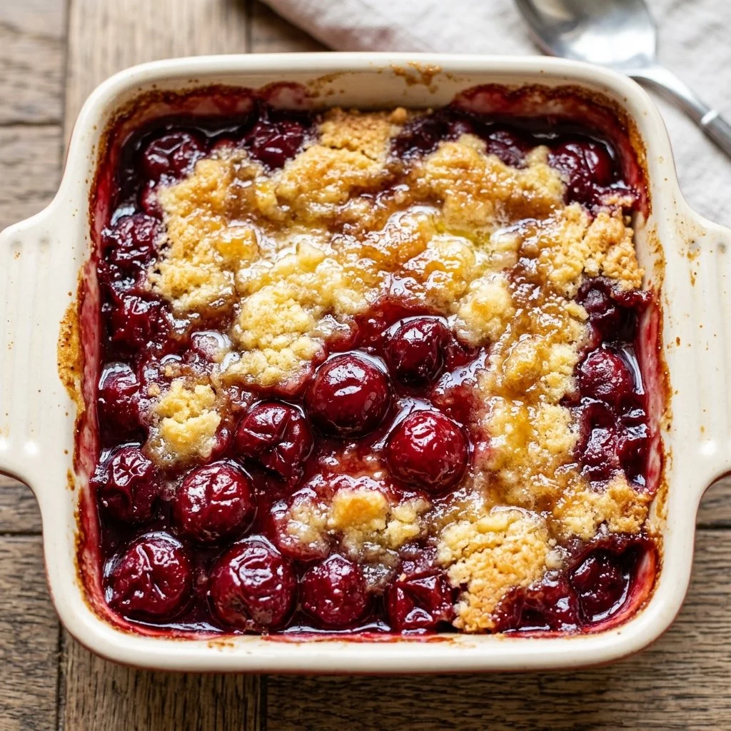 Delicious Cherry Dump Cake topped with cherry filling and cake mix