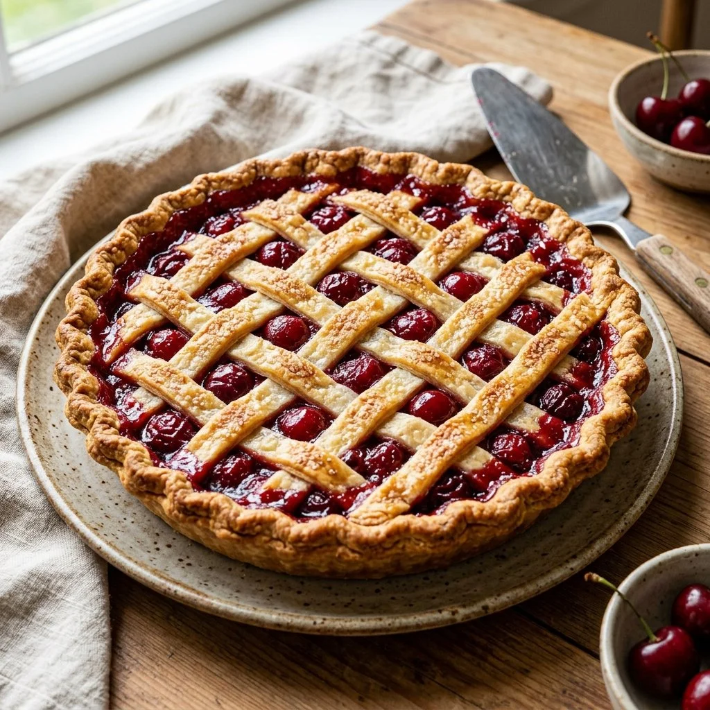 Freshly baked cherry pie with a flaky crust and vibrant filling