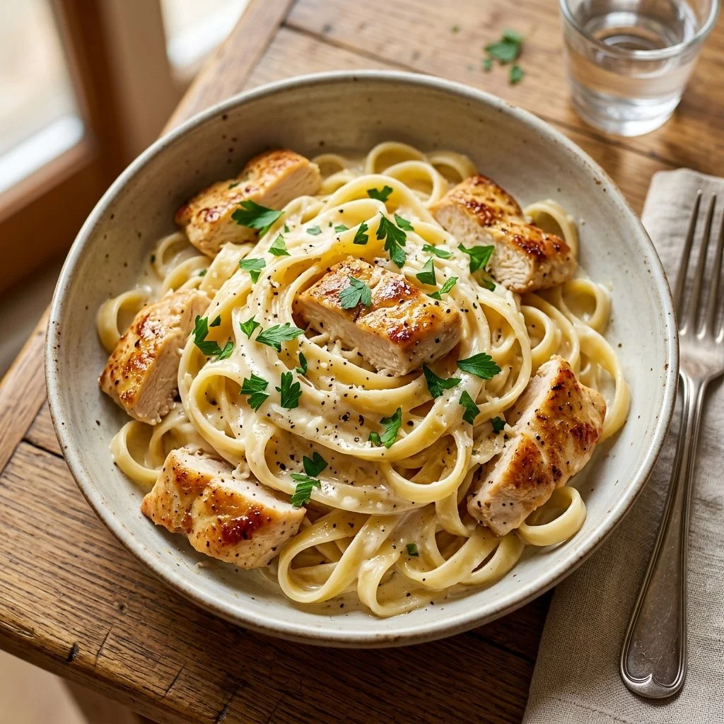 Delicious Chicken Alfredo Pasta garnished with parsley in a creamy sauce.