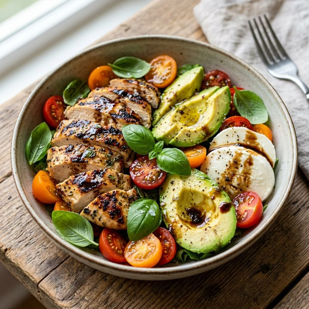 Delicious Chicken Avocado Caprese salad with fresh basil and tomatoes